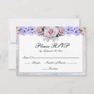 Pink Rose   Silver Bokeh Wedding RSVP Card