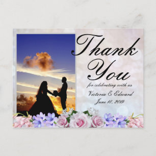 Pink Rose   Silver Bokeh Wedding Thank You Postcard