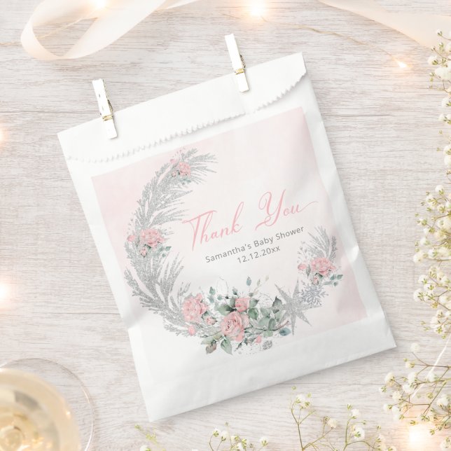 Pink Rose Silver Winter Thank you Favour Bags (Clipped)