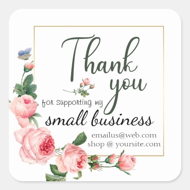 Pink Rose Small Business Thank You Logo Customised Square Sticker (Front)