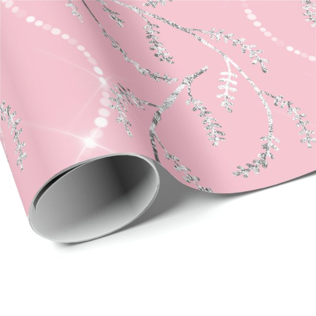Pink Rose  Sparkly Laurel Floral Silver Diamonds Wrapping Paper (Roll Corner)