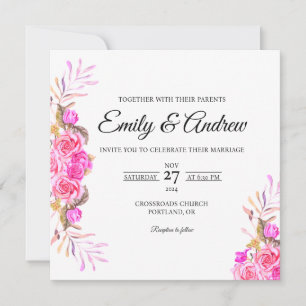 Pink Rose Spring Floral Watercolor Square Wedding Invitation