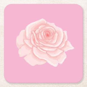 Pink rose square paper coaster
