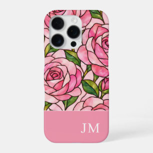 Pink Rose Stained Glass Personalised Initials iPhone 16 Pro Case