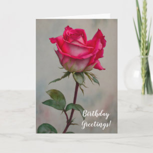 Pink Rose Stem Flower Art Birthday Card
