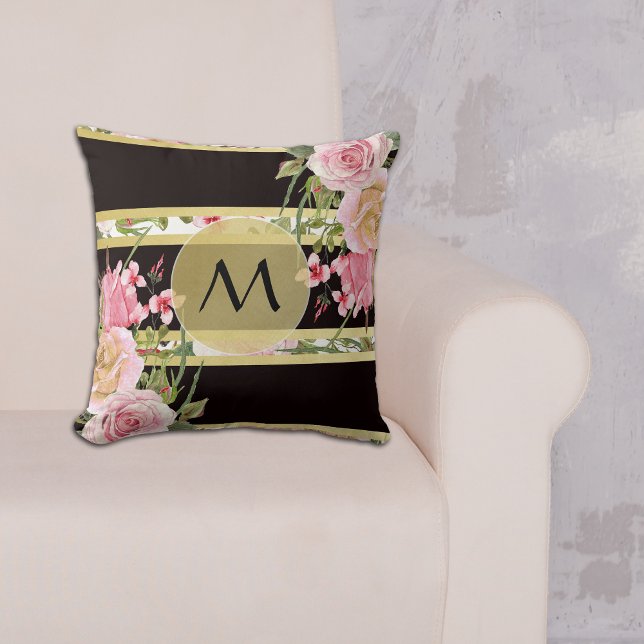 Pink Rose Stripe Pattern Monogram Cushion (Creator Uploaded)