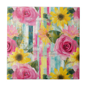 Pink Rose Sunflower Teal Summer Floral Tile