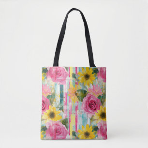 Pink Rose Sunflower Teal Summer Floral Tote Bag