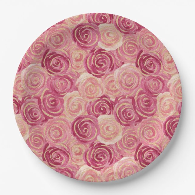 Pink Rose Swirl Glitter Seamless Pattern Paper Plate (Front)
