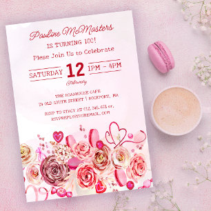 Pink Rose Swirly Heart Valentine's 100th Birthday Invitation