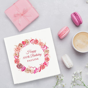 Pink Rose Swirly Heart Valentine's 100th Birthday Napkin