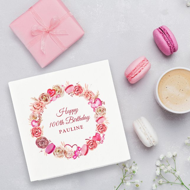 Pink Rose Swirly Heart Valentine's 100th Birthday Napkin (Creator Uploaded)