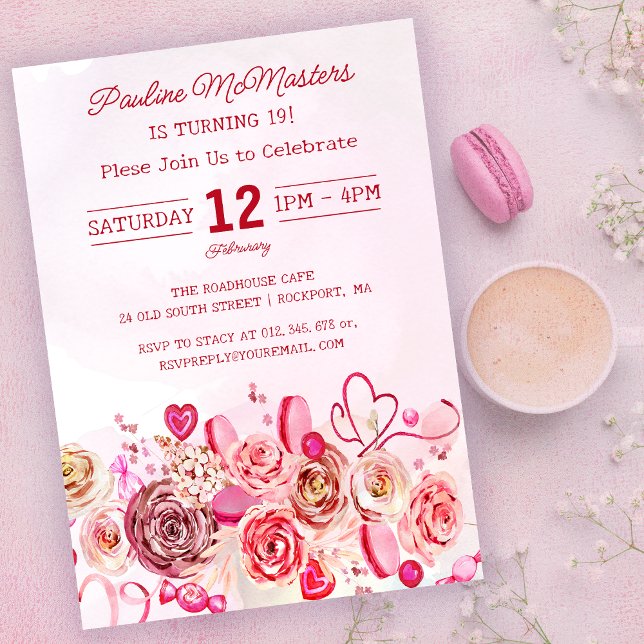 Pink Rose Swirly Heart Valentine's 19th Birthday Invitation (Creator Uploaded)