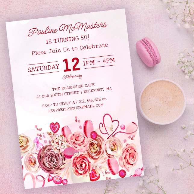 Pink Rose Swirly Heart Valentine's 50th Birthday Invitation (Creator Uploaded)