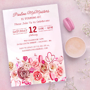 Pink Rose Swirly Heart Valentine's 60th Birthday Invitation
