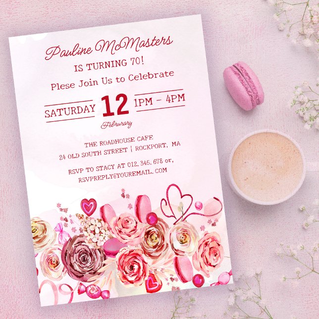 Pink Rose Swirly Heart Valentine's 70th Birthday Invitation (Creator Uploaded)