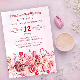 Pink Rose Swirly Heart Valentine's 90th Birthday Invitation