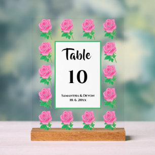 Pink Rose Table Number Acrylic Sign