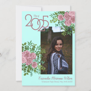 Pink Rose Teal Aqua Photo Graduation Announcement