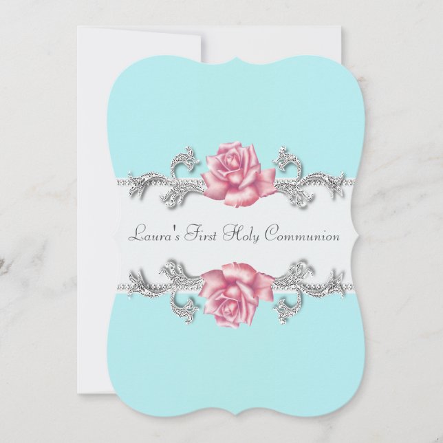Pink Rose Teal Girls Teal First Communion Invitation (Front)