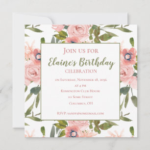 Pink Rose Themed Birthday Party Invitations