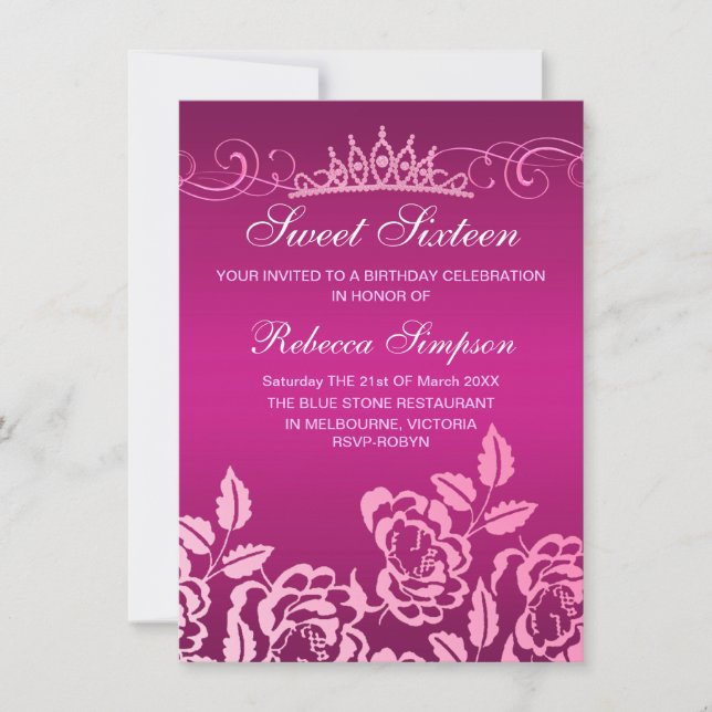 Pink Rose & Tiara Birthday Invitation (Front)