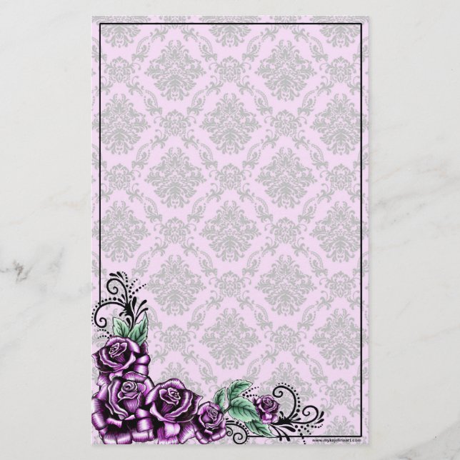 Pink Rose Valentine Baroque Pattern Stationery (Front)
