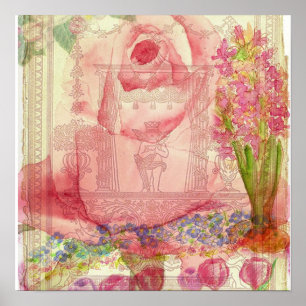 Pink Rose Victorian Watercolor FlowersCollage Poster