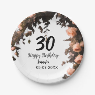 Pink rose vintage flower modern 30th birthday paper plate