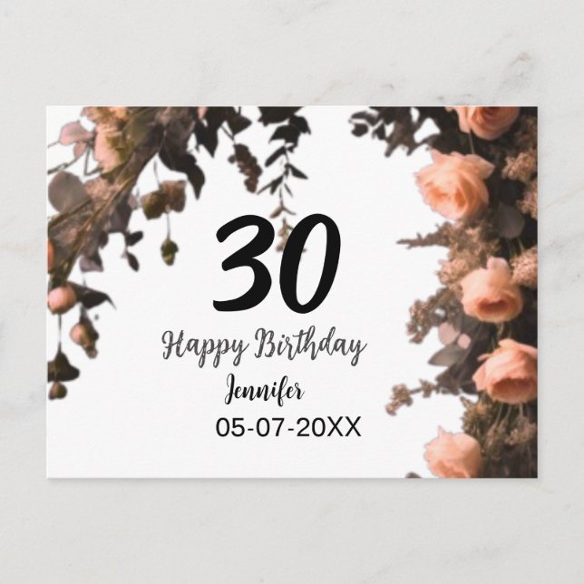 Pink rose vintage flower modern 30th birthday  postcard (Front)