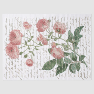 Pink Rose Vintage French Script Gold Lg Decoupage Tissue Paper