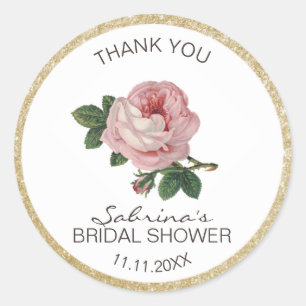 Pink Rose Vintage Gold Bridal Shower Thank You Classic Round Sticker