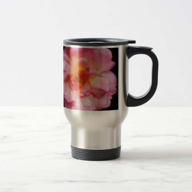 Pink Rose w/ Dew Drops Black Background Travel Mug (Right)