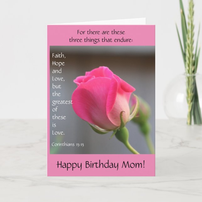 Pink Rose w Verse on Love, Mother's Birthday Card (Front)