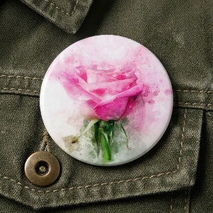 Pink Rose Watercolor Art on White Background 6 Cm Round Badge