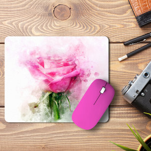 Pink Rose Watercolor Art on White Background Mouse Pad