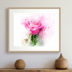 Pink Rose Watercolor Art on White Background Photo Print