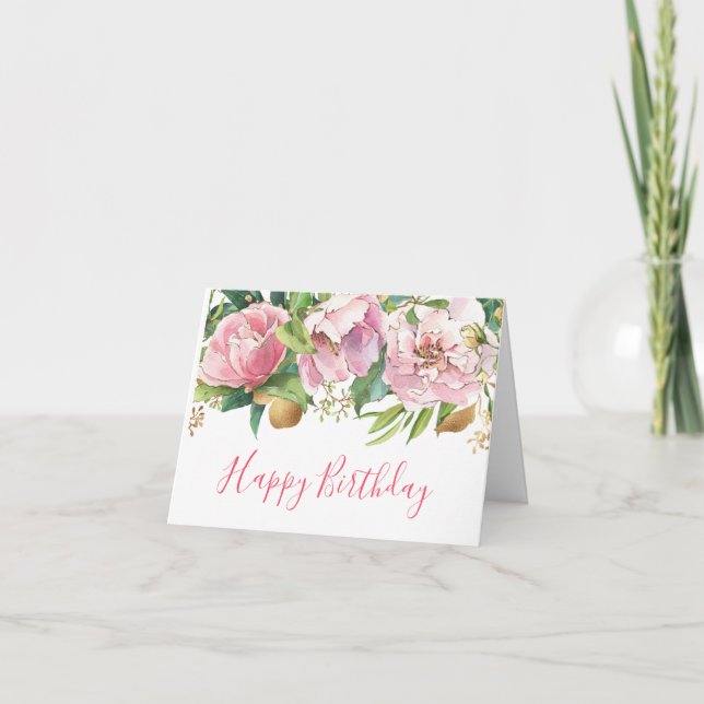 Pink Rose Watercolor Birthday Card (Front)