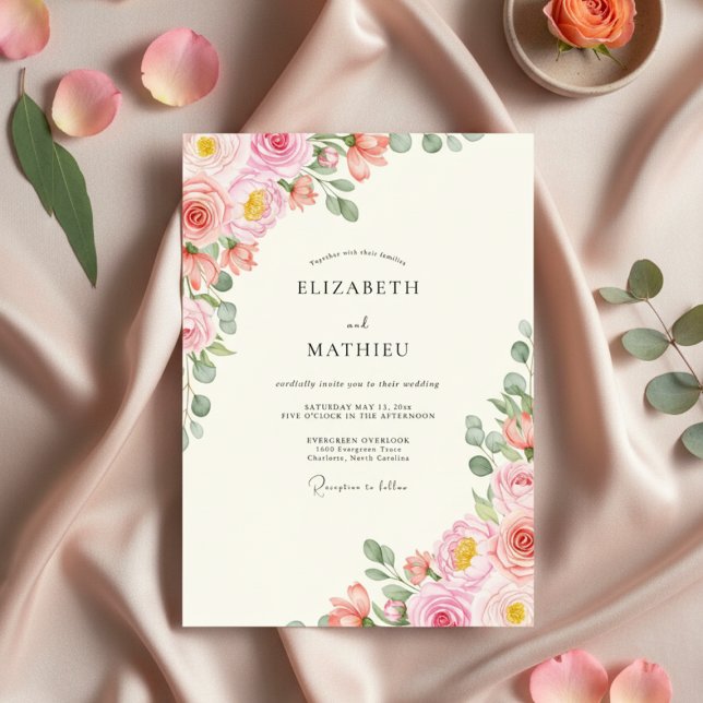 Pink Rose Watercolor Bloom Wedding Invitation (Creator Uploaded)