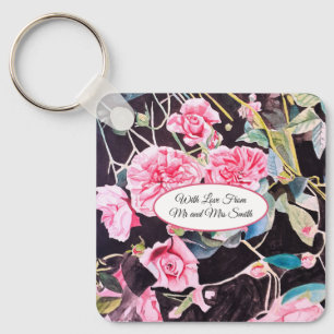 Pink Rose Watercolor Cabbage Vintage Wedding Key Ring