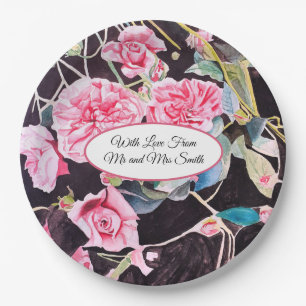Pink Rose Watercolor Cabbage Vintage Wedding Paper Plate