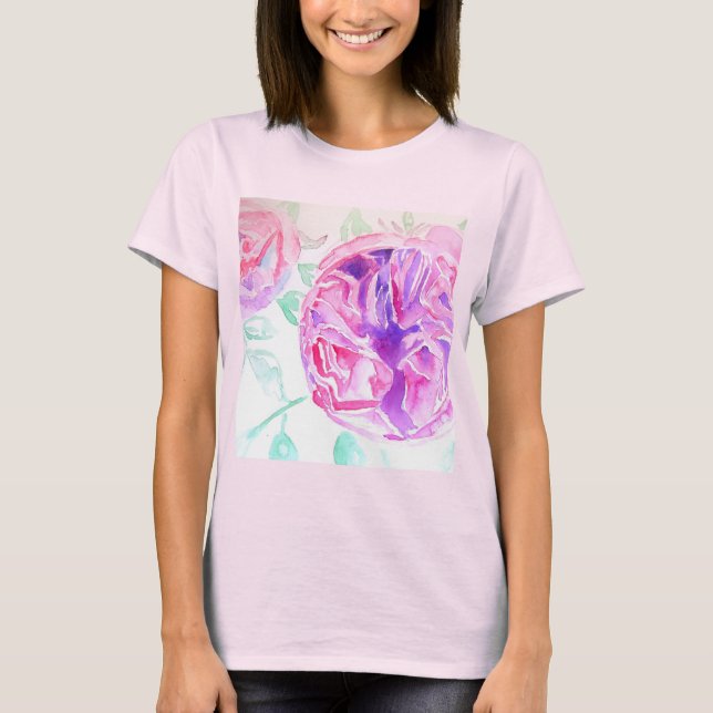 Pink Rose Watercolor floral flowers Roses T Shirt (Front)