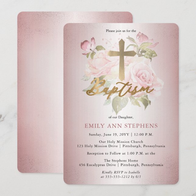 Pink Rose Watercolor Floral Girl Baptism Invitation (Front/Back)