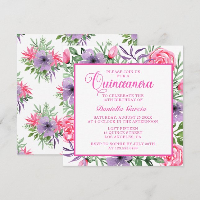 Pink Rose Watercolor Floral Modern Quinceañera Invitation (Front/Back)