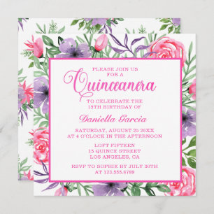 Pink Rose Watercolor Floral Modern Quinceañera Invitation