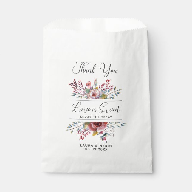 Pink Rose Watercolor Floral Wedding Favour Bags (Front)