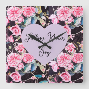 Pink Rose Watercolor Flowers Floral Girls Joy Square Wall Clock