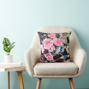 Pink Rose Watercolor Flowers Floral Painting Cushion