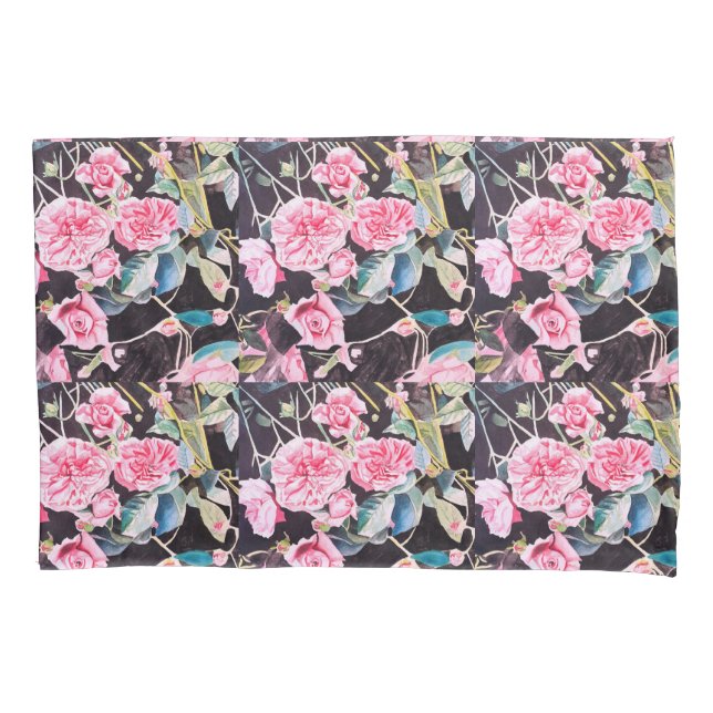 Pink Rose Watercolor Flowers Floral Painting Pillowcase (Front)