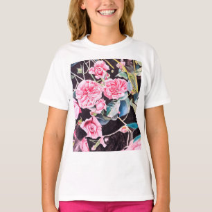 Pink Rose Watercolor Flowers Floral Painting T-Shirt
